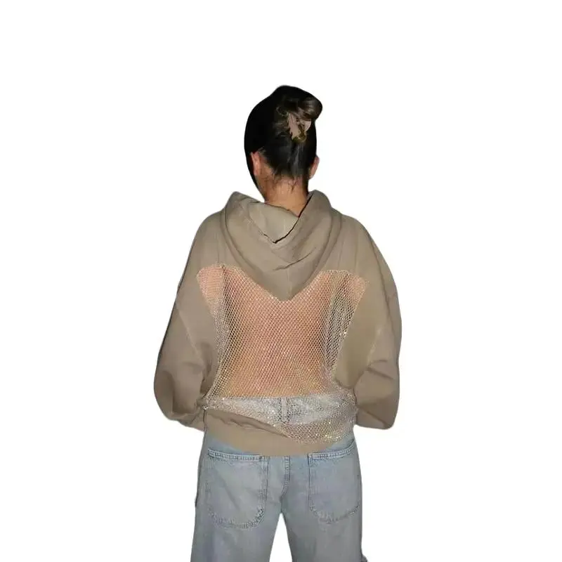 Women's 2026 Y2K American Gothic Hollow Mesh Hoodie Top Jacket - Sexy Translucent Polyester Long-Sleeve Everyday Style Casual Streetwear Pullover