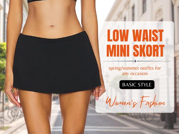 AnotherChill Women's Low Waist Micro Mini Skorts Skirt with Built-in Shorts Sexy Stretch Black Skirts Basic Outfits Elastic Waist