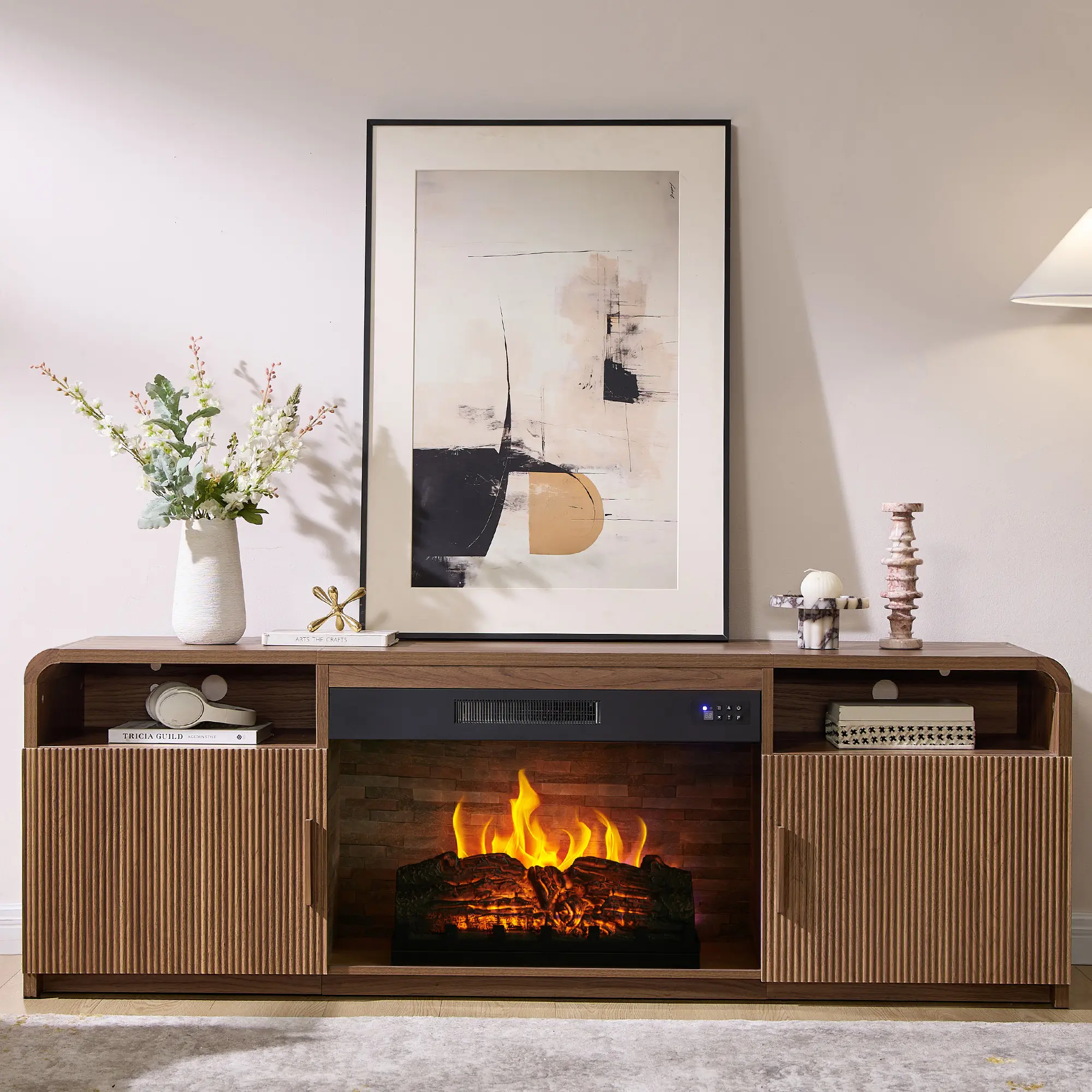 AMERLIFE 70" Fluted Fireplace TV Stand for TVs Up to 80", Modern TV Console with 30" Electric Fireplace & Storage Cabinets, Media Entertainment Center for Living Room #sohochic