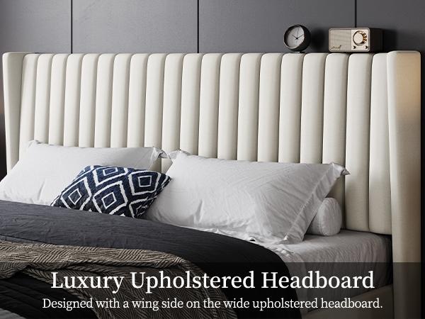 Yaheetech Queen Bed Frame Upholstered Platform Bed with Fabric Headboard, Wing Edge Design/Non-Slip and Noise-Free/Wooden Slats Support/No Box Spring Needed/Easy Assembly