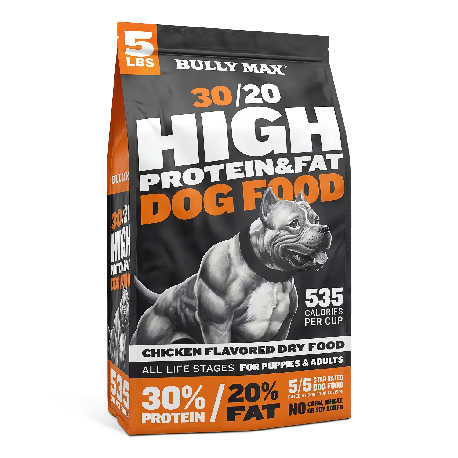 Bully Max 30/20 High Protein Chicken Dry Kibble Dog Food - 5 lb Mini Pack, 535 Calories Per Cup High Calorie Meat-Based Formula for Muscle Gain, 30% Protein 20% Fat, All Life Stages