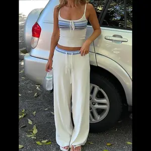 Women's Striped Print Crop Camis Top & Drawstring Waist Sweater Pants Set, Women's Knitwear for Daily Wear