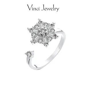 Sterling Silver Rotatable Anxiety Ring, Adjustable and Umbrella Shaped Hexagonal Design, Exquisite and Elegant Synthetic Diamond Jewelry for Women as Birthday and Valentine's Day Christmas Gift with Gift Box, Perfect for Daily Wear and Party