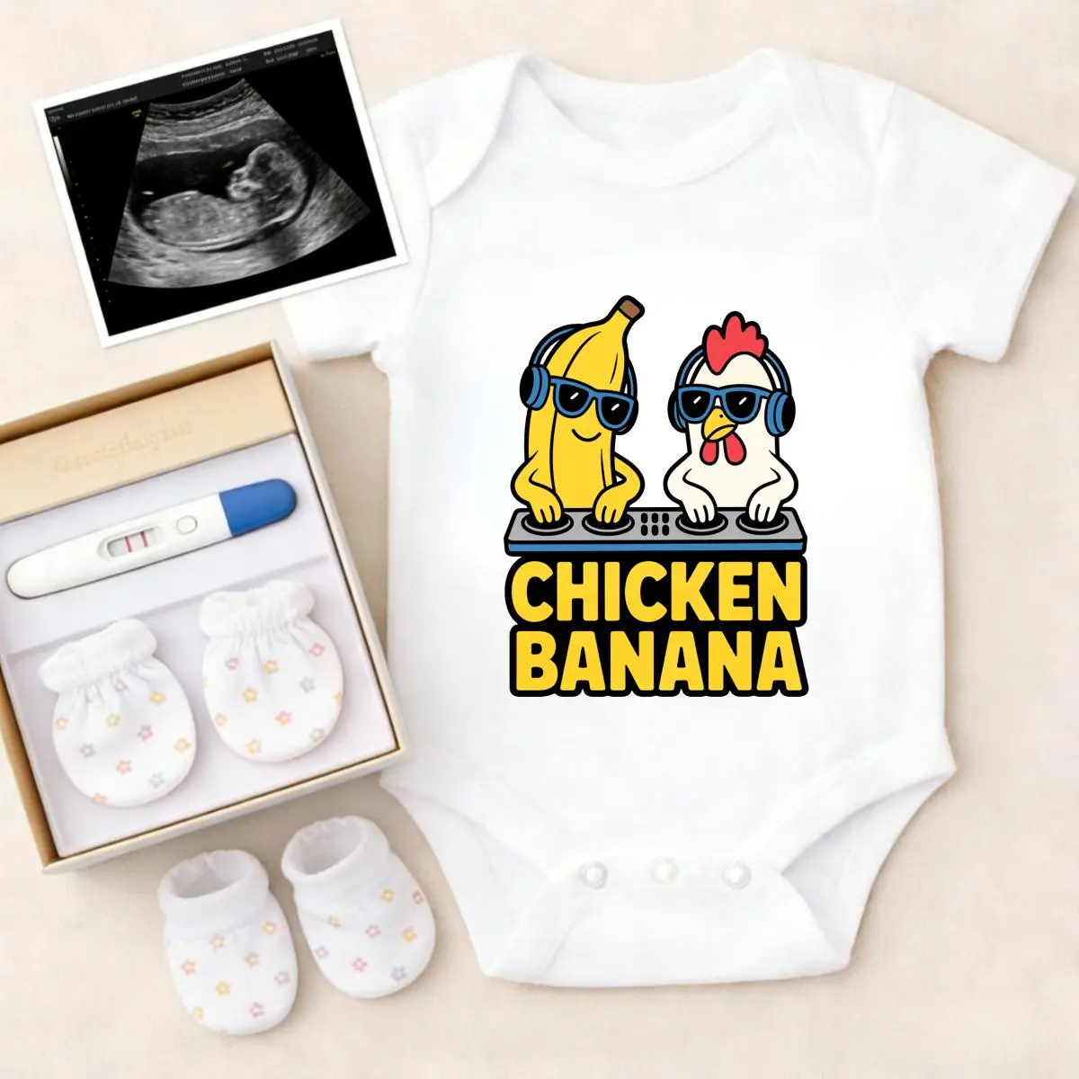 100% Pure Cotton Baby Boy Bodysuit, Chicken & Banana Cartoon Print, Non-Irritating, Breathable, Stretchy, Snap Closure, Ideal for Gifting & Everyday Wear, Baby Boy Clothes, Fun Themed Bodysuits