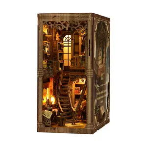 Wooden Book Nook DIY Model Kit with LED Warm Light - Antique Book Collection Room Themed, Vintage Renaissance Style Hand-Assembled 3D Puzzle Toy House, Hardwood Slats Shelf Decoration, Miniature Dollhouse Gift Craft