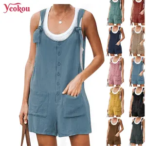 Yeokou Women's Casual Summer Cotton Linen Romper Overall Jumpsuit Shorts