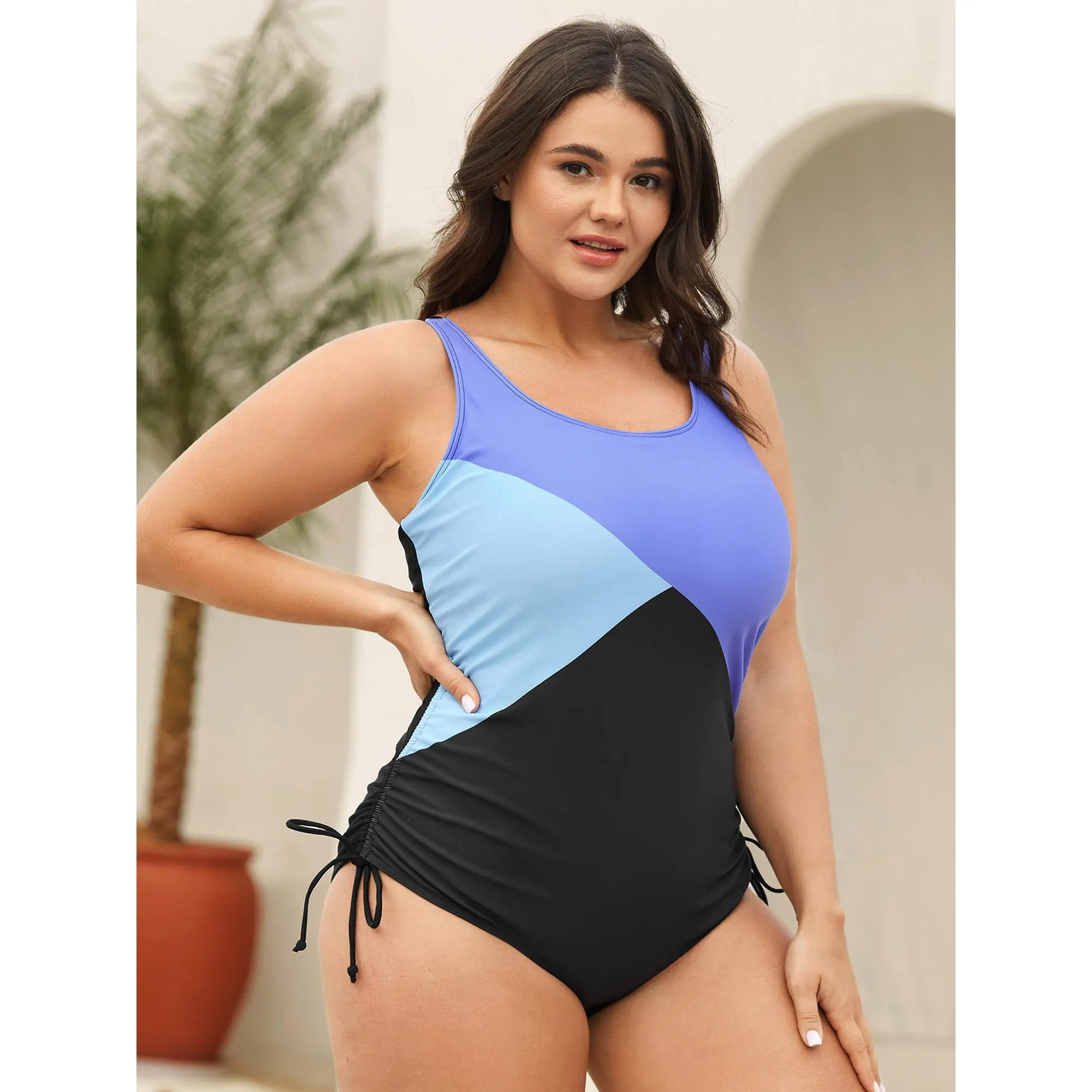 【Tummy control】BLOOMCHIC Plus Size Color Block Side Drawstring One-Piece Swimsuit [M-6X] ,Summerfinds