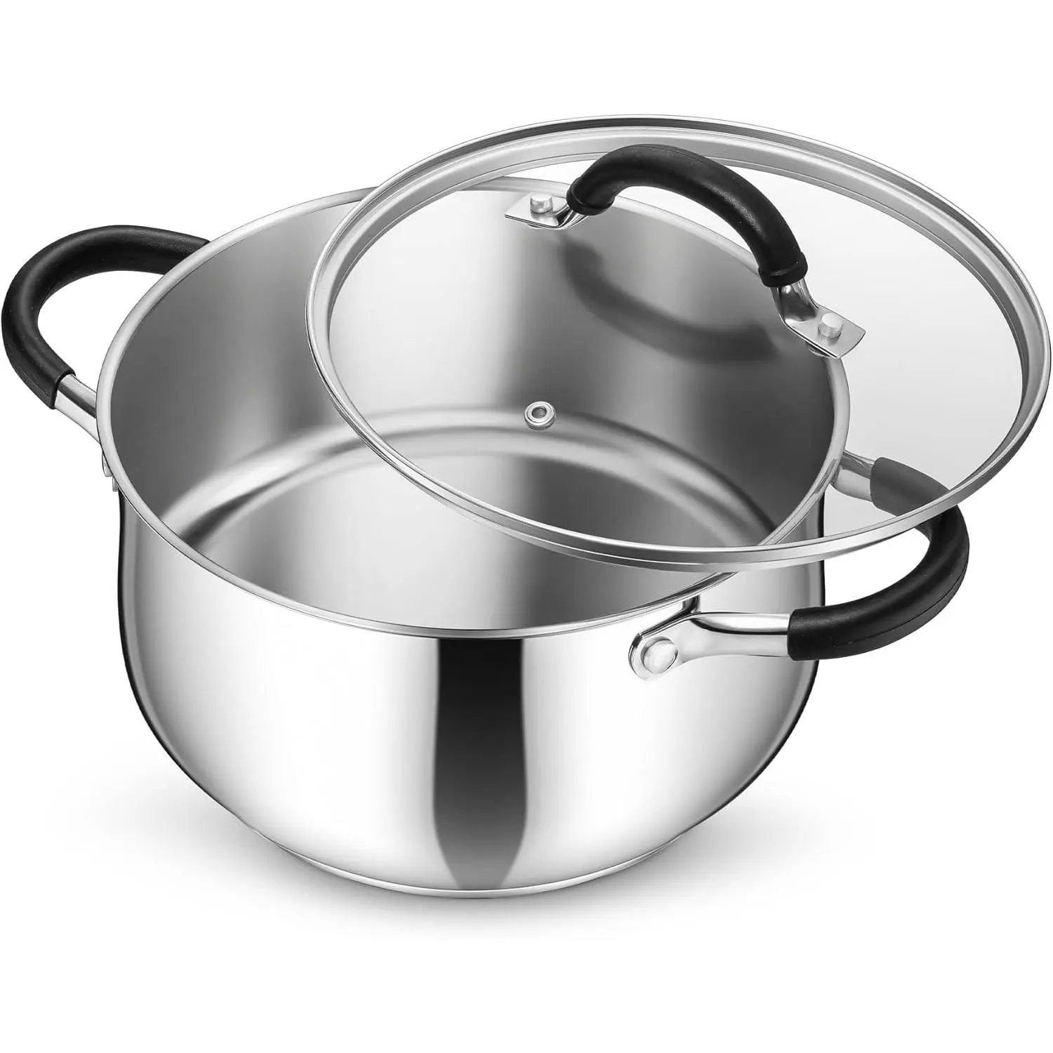 Stainless steel stockpot, 5-quart capacity, with a transparent lid, suitable for pasta, with a three-layer base and double-layer insulated handle, compatible with all stoves including induction and gas stoves, non-toxic and dishwasher safe
