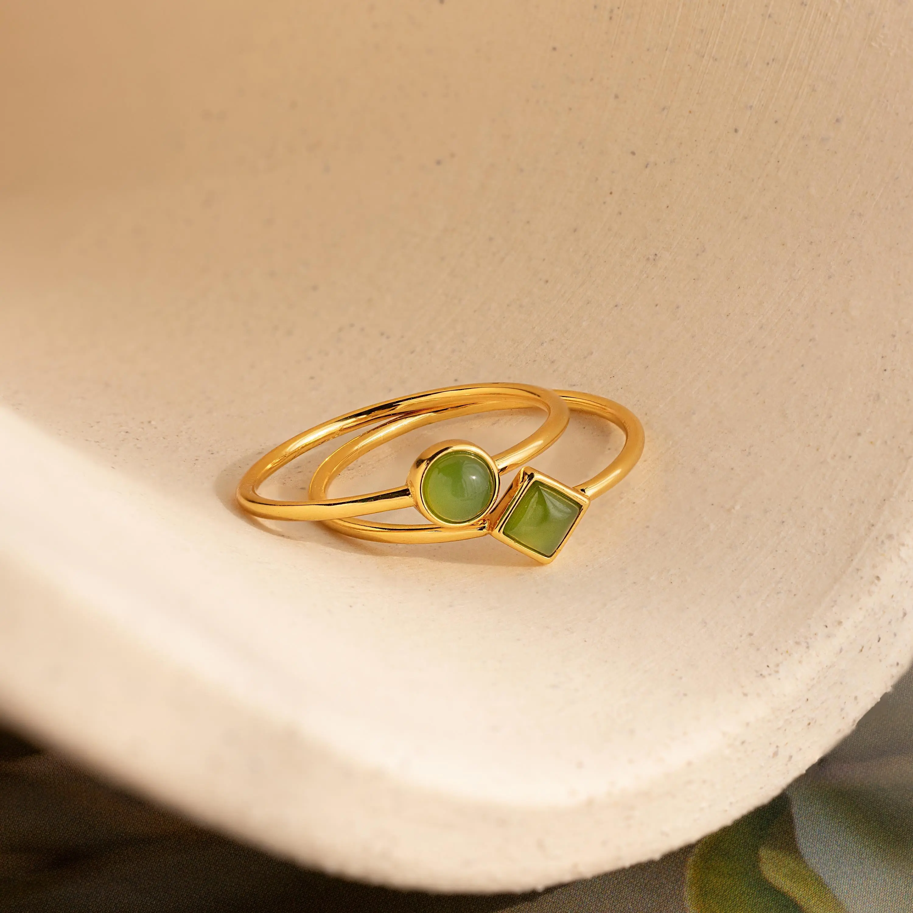 Dainty Jade Ring Set by Caitlyn Minimalist - Set of 2: Round & Princess Cut Green Gemstone Rings in Gold - Boho Jewelry - Gifts for Mom