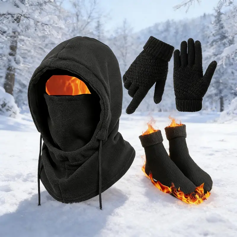 Unisex Adults' 4-Pc Plain Winter Warm Outdoor Wear Set - Windproof Full Face Ski Mask Balaclava, Hooded Jacket, Gloves, Thermal Socks, Biking/Ski Extreme Cold Gear, Hand Washable Ideal Gift Unisex Adults' 4-Pc Plain Winter Warm Outdoor Wear Set - Windproof Full Face Ski Mask Balaclava, Hooded Jacket, Gloves, Thermal Socks, Biking/Ski Extreme Cold Gear, Hand Washable Ideal Gift