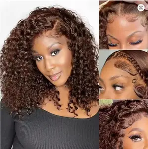 16 inch #4 Chocolate Brown Curly Wave Bob Wig Human Hair 13x4 Hd Lace Front Wig Short Water Wave Curly Brown Human Hair Wig