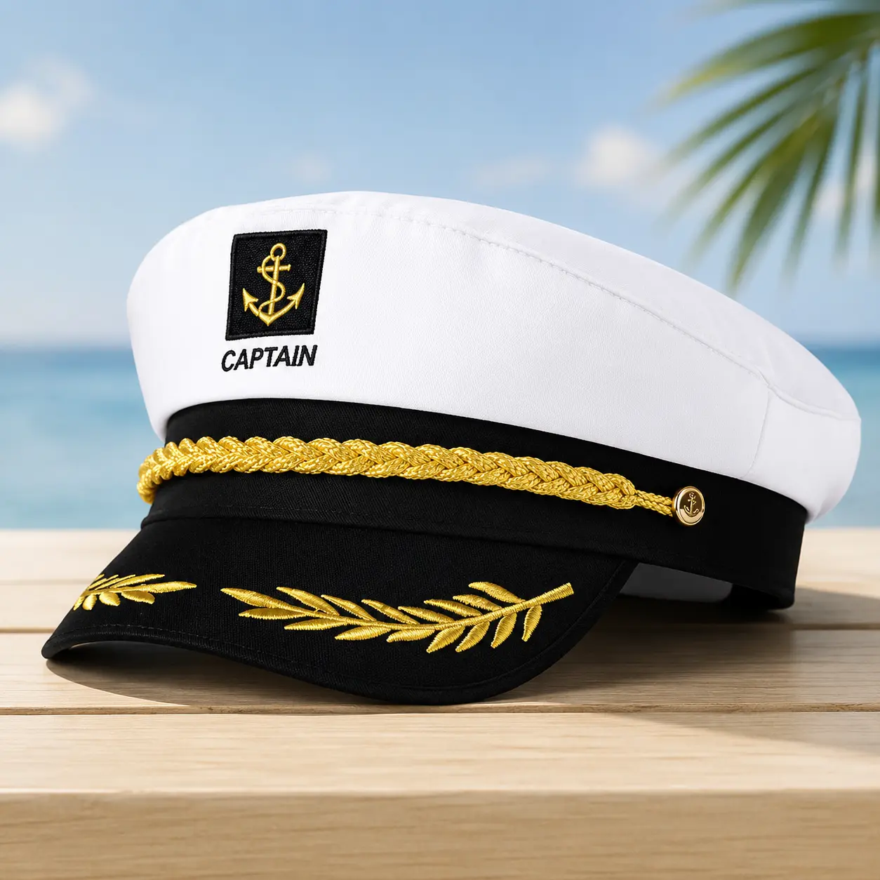 Adult Yacht Captain Hat, Adjustable White Sailor Cap with Gold Embroidery for Men & Women, Nautical Party, Cruise, Halloween & Cosplay Costume