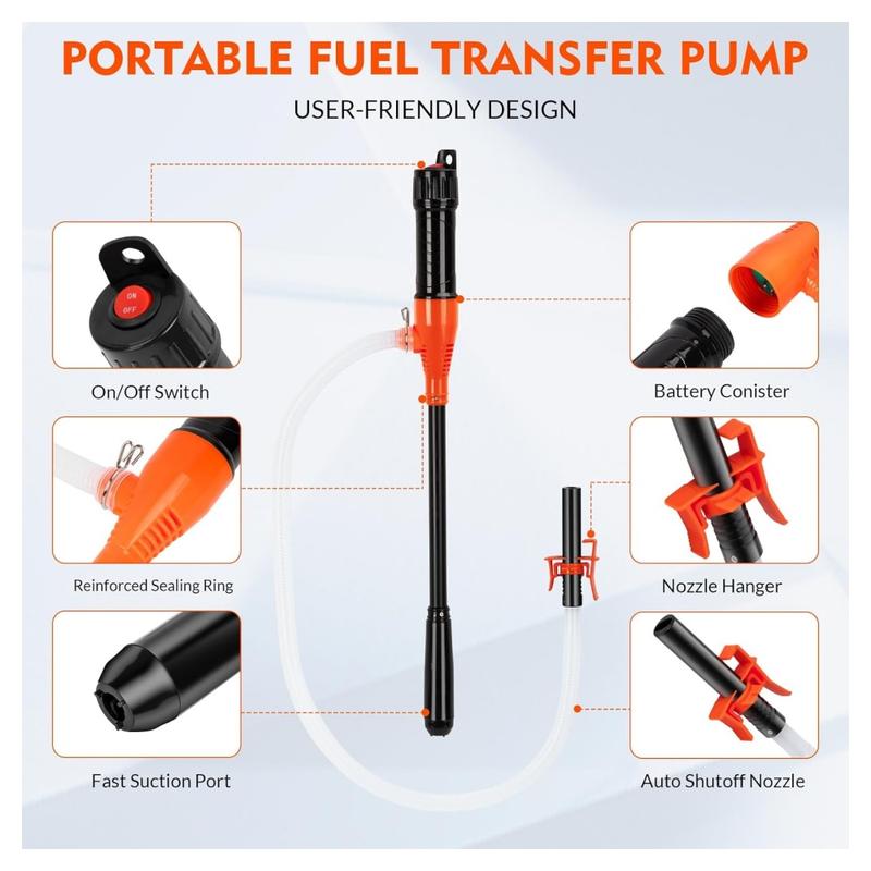 Portable Transfer Pump Battery Operated Electric Siphon Pump for Gas, Fuel, Diesel, Water Transfer 2.6 GPM Flow Oil Extractor -Easy to Use Hand Fuel Pump, Multi-Use Siphon Fuel Transfer Pump (Orange)