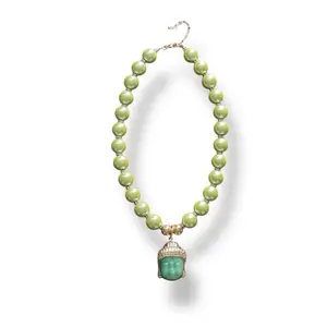 Green Buddha Pendant Necklace – Jade Style Beaded Necklace for Protection, Peace & Good Luck – Heart Chakra Healing Jewelry – Spiritual Necklace