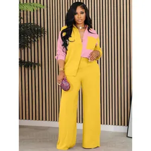 Two-Piece Set Women's?Colorblock?Button Front Shirt & Solid Wide Leg Pants, Casual Long Sleeve Collared Top & Elastic Waist Trousers for Spring & Fall, Women's Clothes for Daily WearGift