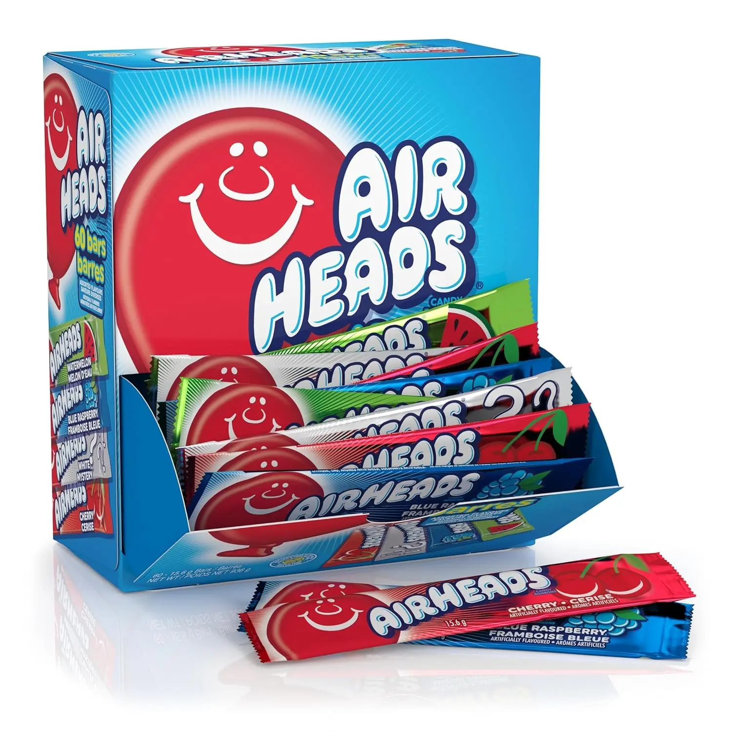 Airheads Full-Size Soft Taffy Candy Bars, 60-Count Bulk Variety Pack - Individually Wrapped Assorted Fruit-Flavored Sweet Snack Box