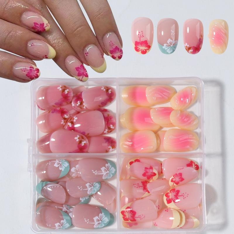 96pcs Short Oval False Nails, Multicolor Floral French Style, Y2K Acrylic Press-On Nails, Reusable for Women and Girls, DIY Nail Kit