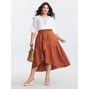 【Vacation skirt】BLOOMCHIC Plus Size Shirred Waist Ruffled High Low Hem Midi Skirt [M-6X] 2026 Summer Vibes Swimweek