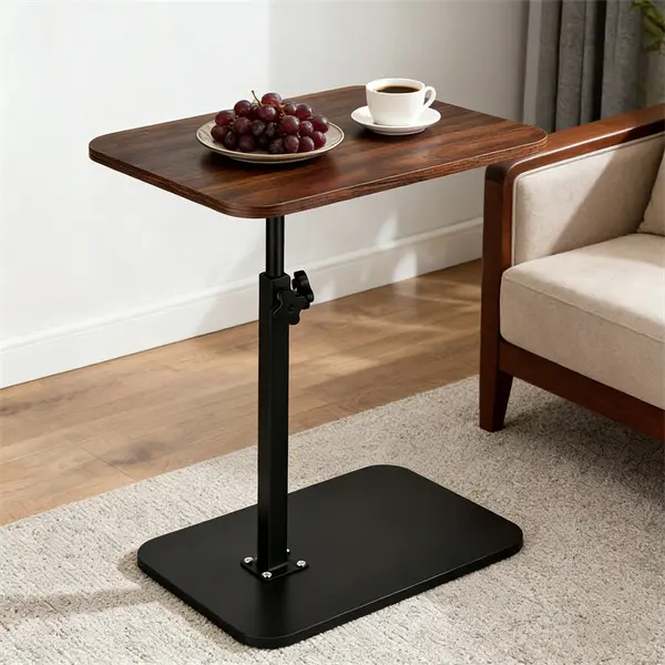 Adjustable Height C Shaped Sofa Side Table - Heavy Metal Base Wood Top, Swivel Laptop Table for Couch, Bed, Bathtub, TV Snack Tray, Space Saving End Table for Small Spaces