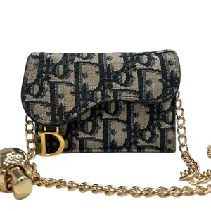 Pre-owned Dior Canvas Crossbody Bags Navy Oblique Compact Saddle Card Case with Adjustable Chain