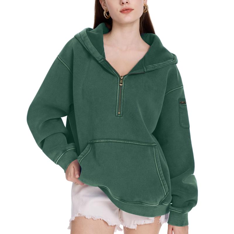 FAIABLE Oversized Hoodie for Women Vintage Acid Washed Heavyweight Fleece Half Zip Pullover with Kangaroo Pocket & Earbud Sleeve Pocket Casual Aesthetic Streetwear Style essential hoodies comfort hoodies zip hoodie