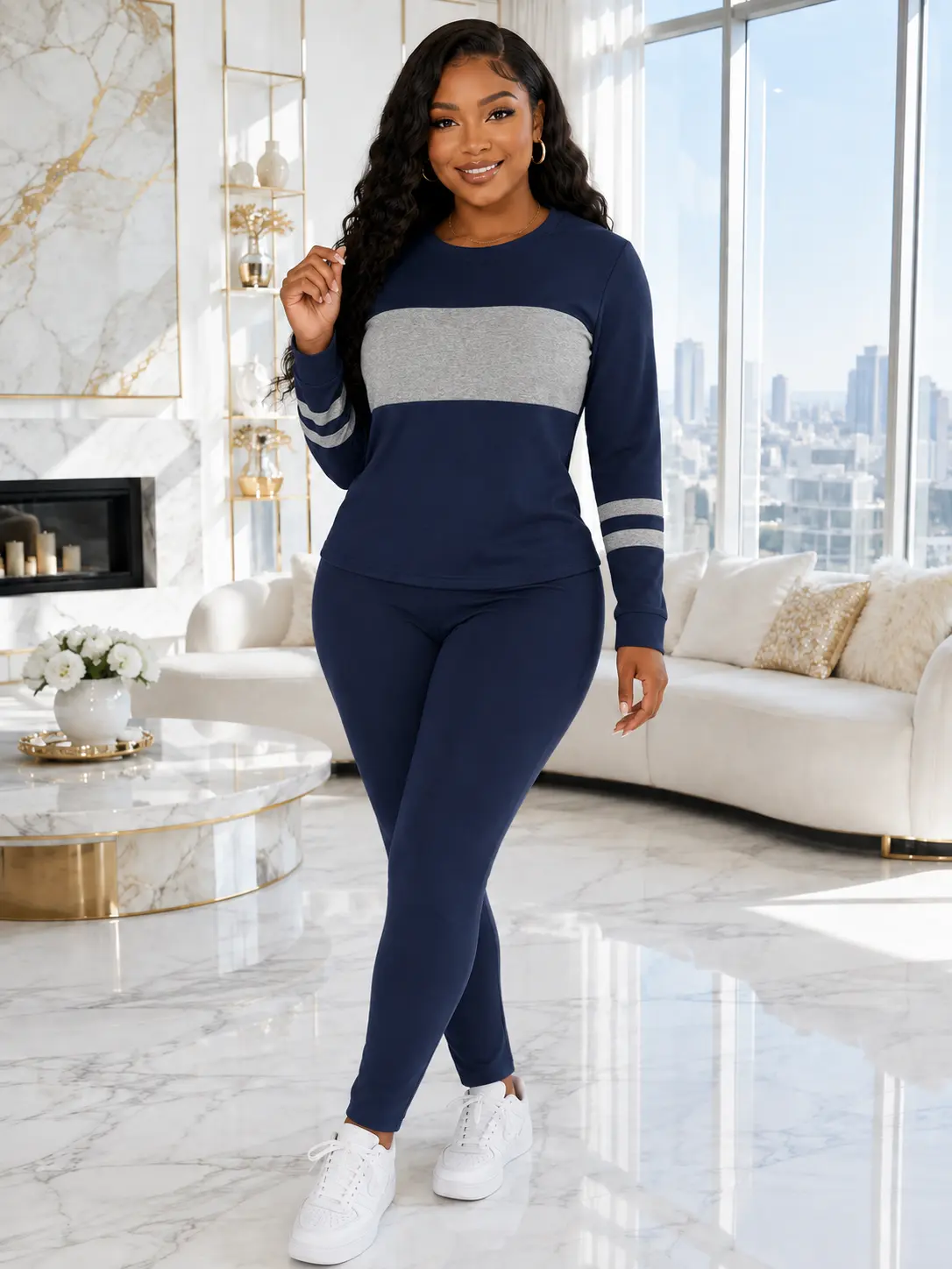 Women's 2-Piece Knitted Lounge Set - Longsleeves Crew Neck Pullover, Elastane Fitted Pants, Casual Women's Everyday Solid Clothing Set
