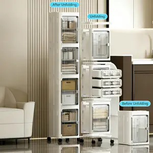 Foldable Storage Cabinet with Universal Wheels Slim Magnetic Door Multilayer Large Capacity Organizer for Kitchen Bedroom Bathroom