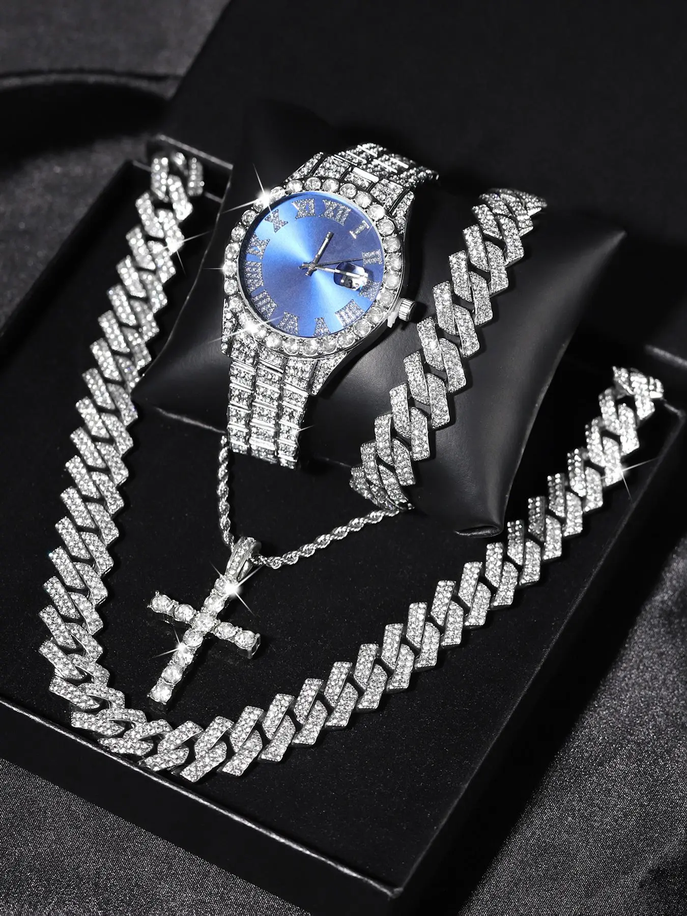 Men's Punk Style Rhinestone Decor Watch & Bracelet & Adjustable Cross Charm Necklace & Cuban Necklace, Trendy Jewellery Gift Set, Trendy Jewelry Set, Exquisite As Gift with Box