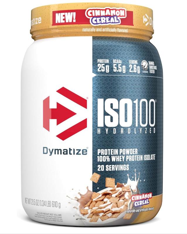 Dymatize ISO100 Whey Protein Powder Isolate, Cinnamon Cereal, 25g of Protein, 5.5g BCAAs, Less Than 120 Cal., Gluten Free, 1g Fat, 1g Sugar, 2g Carb (20 Servings)