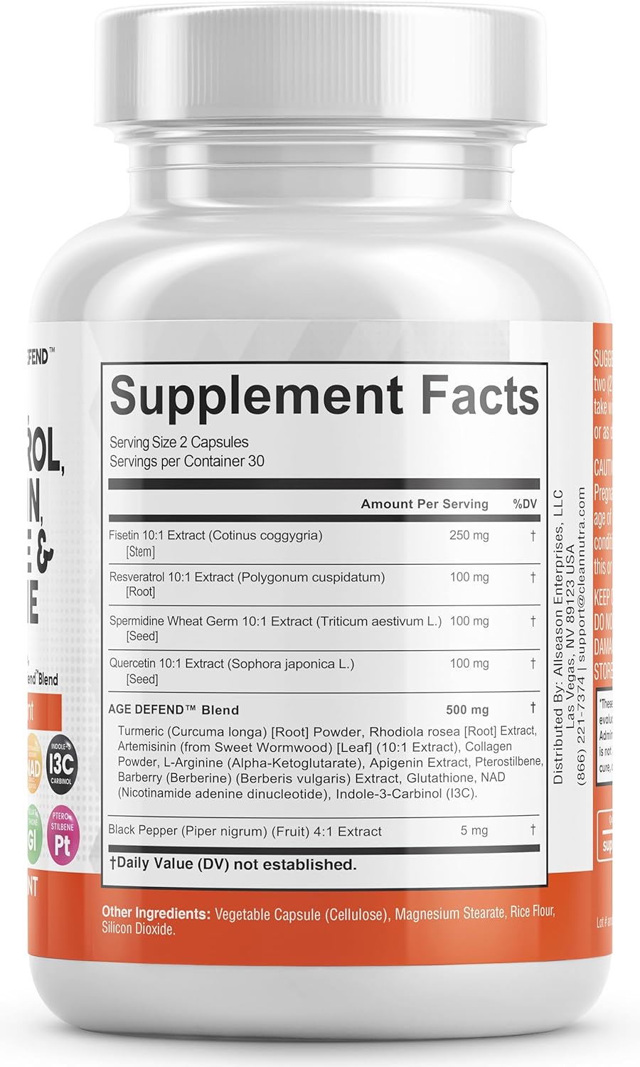 Clean Nutraceuticals Fisetin, Resveratrol, Quercetin, Spermidine, Berberine & More for Optimum Health & Wellbeing Supplement Capsules – Age Defend