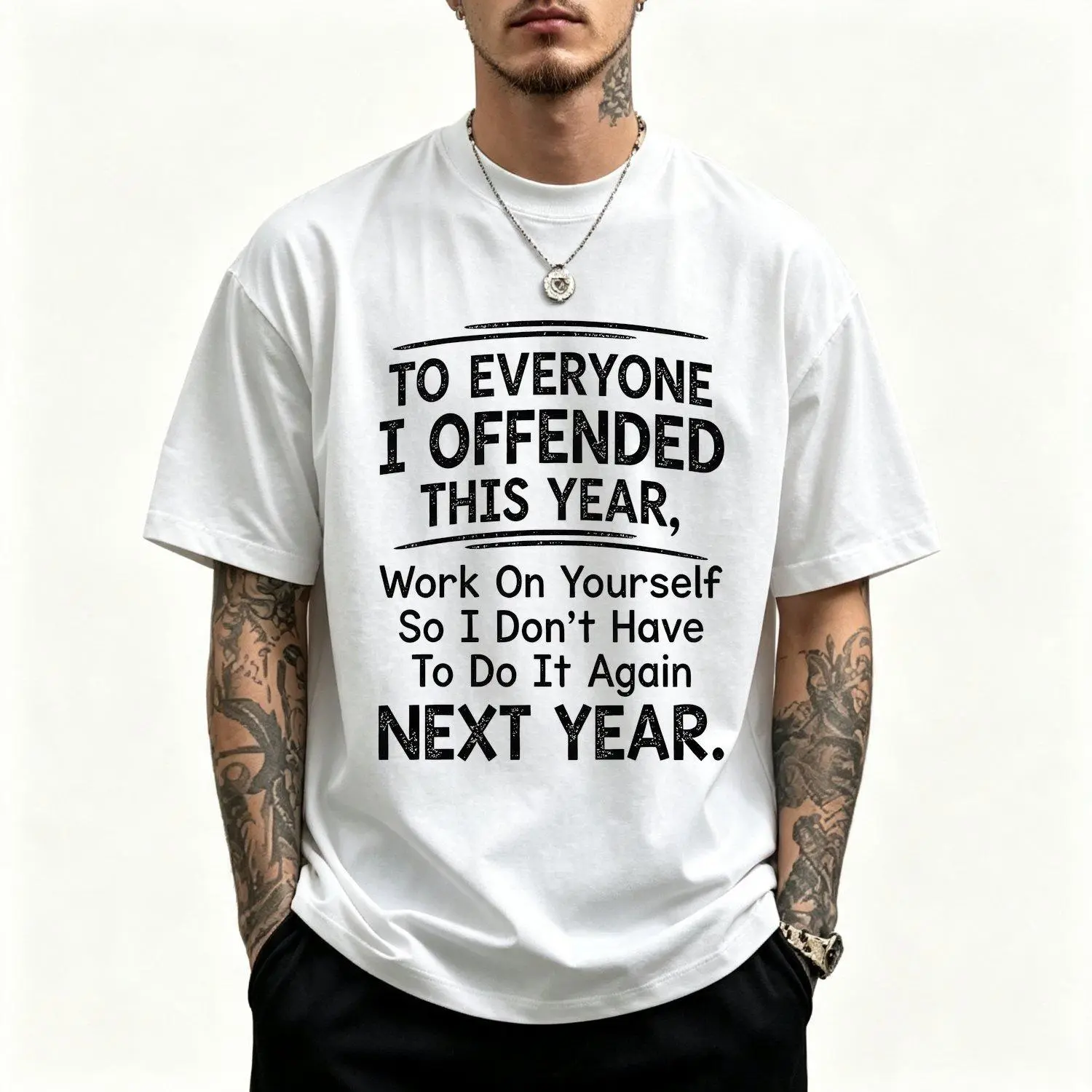 Men's T-shirts Featuring "To Everyone I Offended This Year Work On" Motivational Quote Regular Fit Classic Crew Neck Summer Party Graphic Tee with Digital Printing