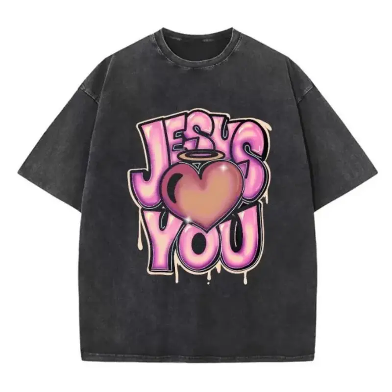 Men's Faith Graphic T-Shirt - Natural Soft Cotton Christian Streetwear with Jesus Love You Graffiti, Unisex Daily Wear Washed Casual Comfortable Top