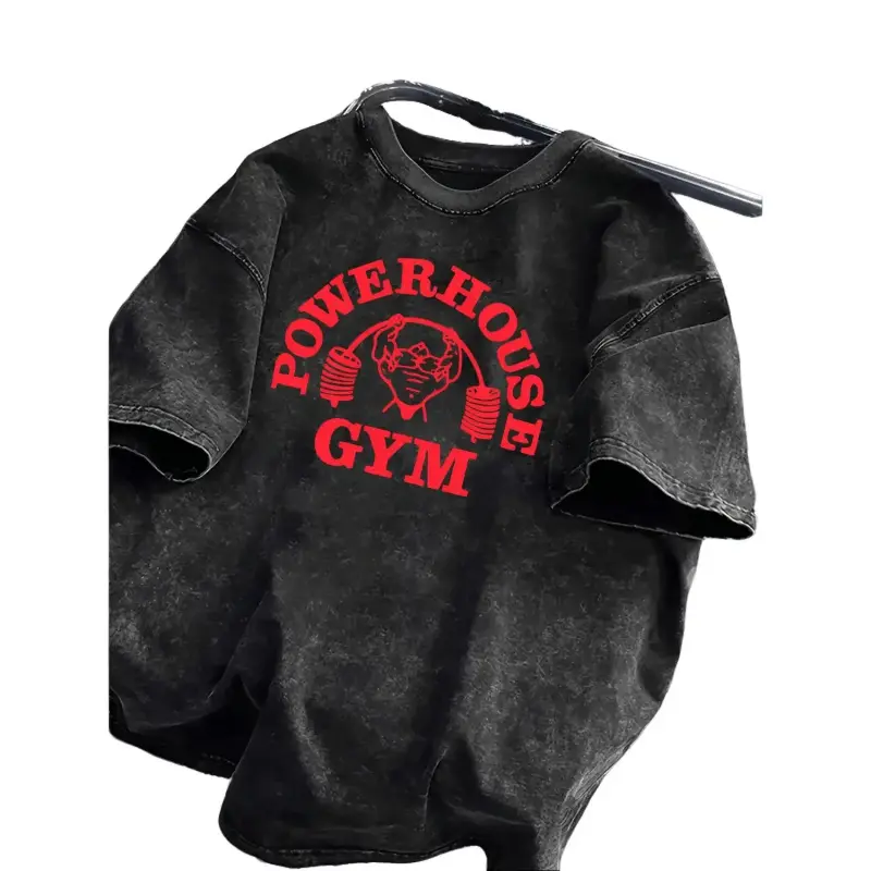 Men's Vintage Washed Heavyweight T-Shirt, Gorilla Graphic Round Neck Tee, Oversized Shortsleeve Pump Cover for Bodybuilding, Gym & Streetwear