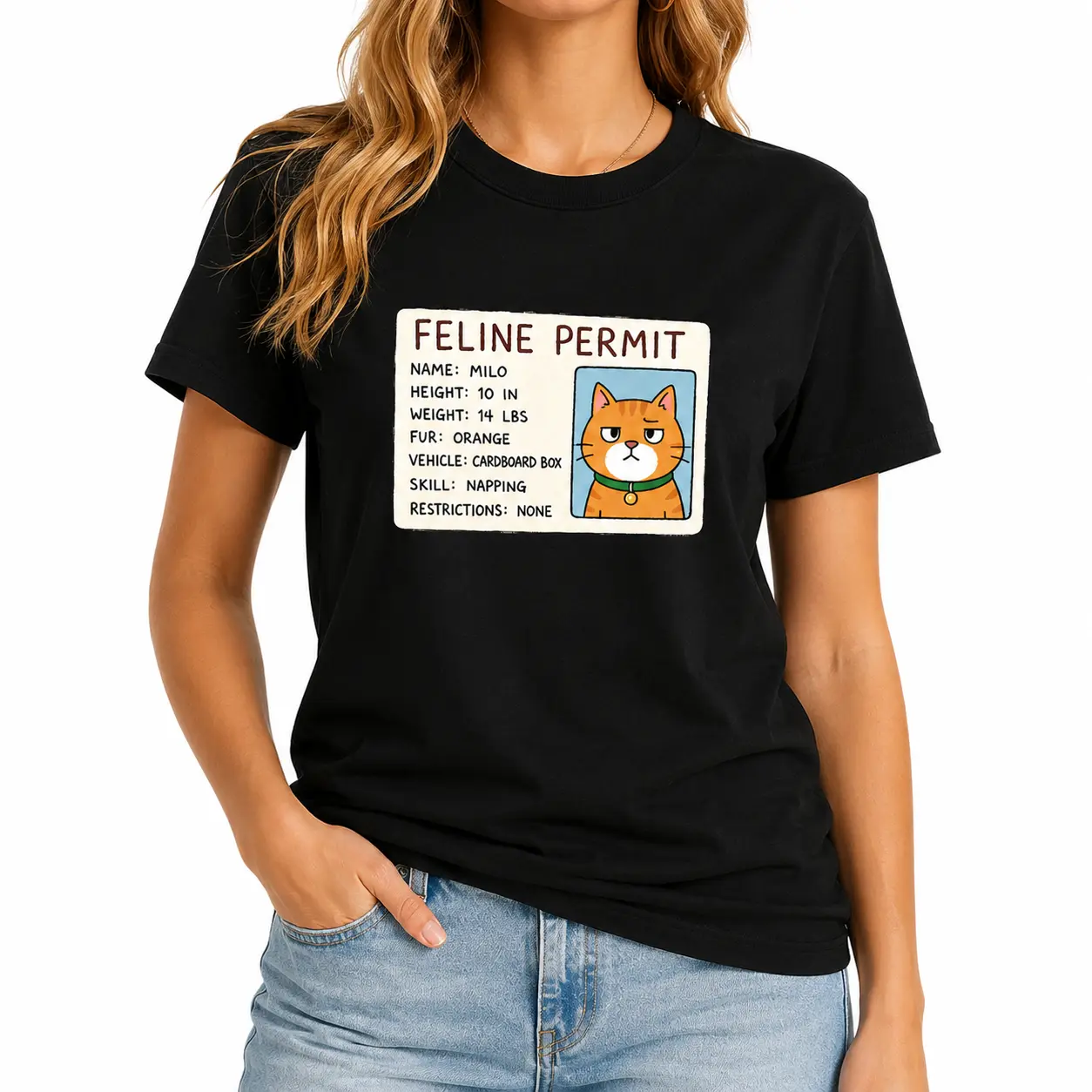 Funny Cat Feline Permit Graphic T-Shirt, Black Text Tee with Retro Cat ID Card Print, Vintage Printed Tee for Men & Women, Casual Street Tee, Cat Lover Gift, Everyday Fall Outfit, Relaxed Unisex Fit