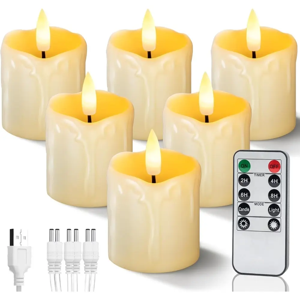 6-Pack Rechargeable Flameless Votive Candles, 2"x2" Realistic Warm White LED Lights with Timer Remote, USB Cable, Auto Shut-Off, Kids-Seniors Friendly Indoor Decor for Home, Romantic Night