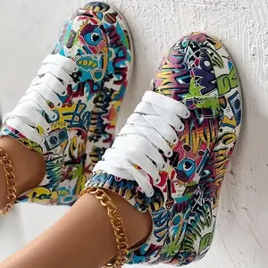 Women's Graffiti Print Sports Shoes, Fashion Lace Up Low Top Platform Sneakers, Casual Skate Shoes Closed Footwear