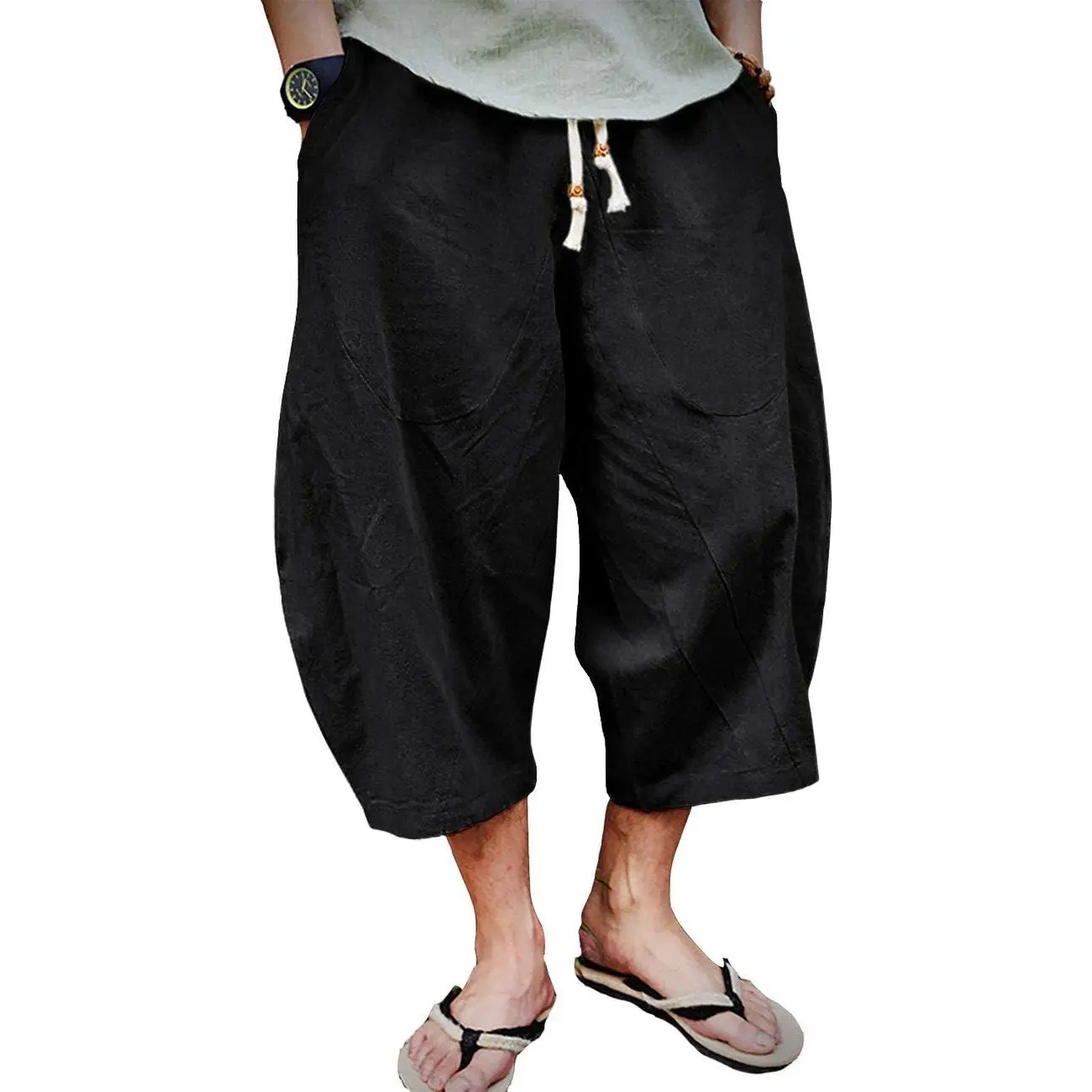 Mens Cotton Linen Capri Pants Light Loose 3/4 Long Shorts Elastic Waist Drawstring Harem Casual Beach Yoga TrousersGift..