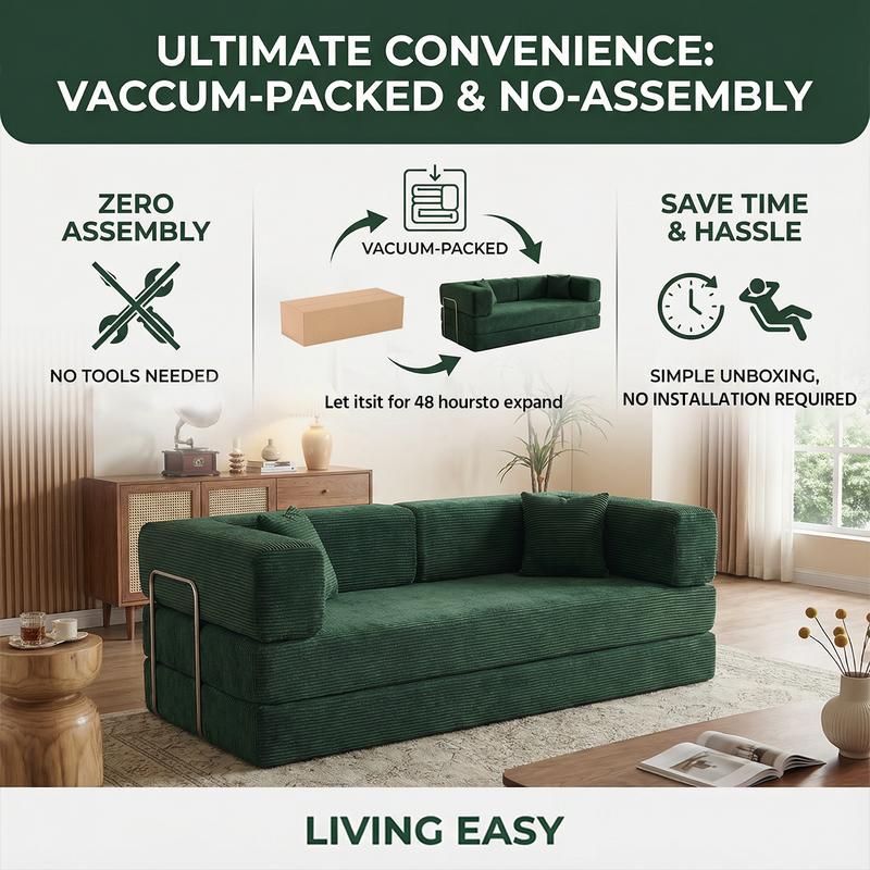 79" Convertible Sleeper Sofa Bed with Cylindrical Pillow Corduroy Folding Mattress Couch Fixed-Shape Frame Modular Compressible Living Room Sofa Set Vintage Suede Comfortable Lounge Chair Lazy Sofa Bean Bag Bedroom Sleeper Modern Cloud Loveseat