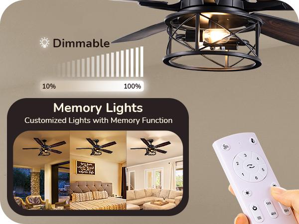 EDISHINE 52 Inch Farmhouse Ceiling Fans with Lights, Remote Control, 5 Wooden Blades, Dimmable, Timer, 6 Speeds Reversible DC Motor, Rustic Lighting & Ceiling Fan for Bedroom Living Room, UL Listed-HCFR01A