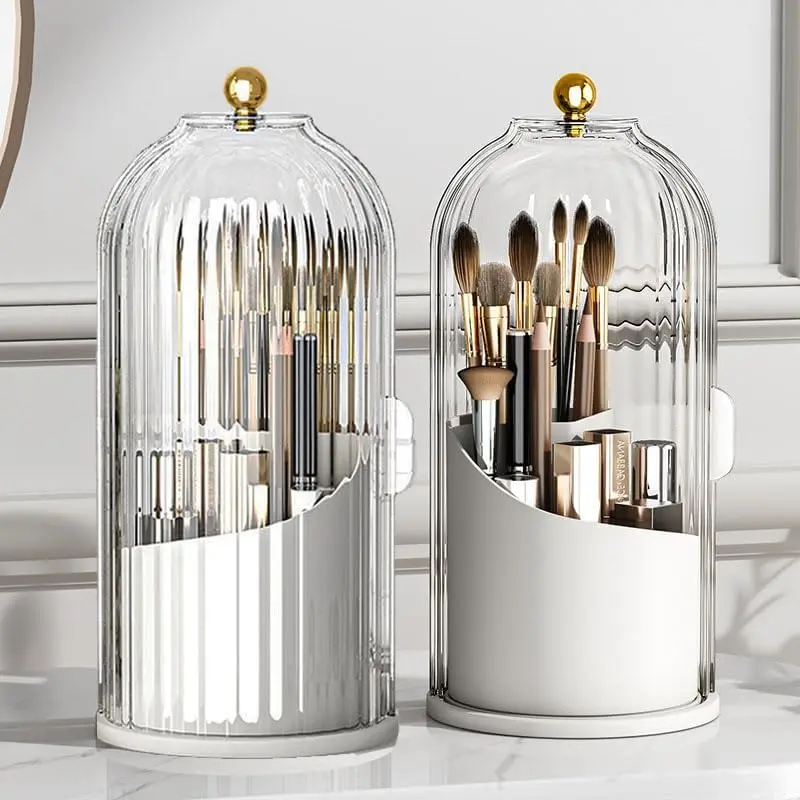 summerwins 360-Degree Rotating Makeup Brush Holder with Transparent Door Lid - Cosmetic Storage Box, Makeup Organizer, Bathroom Organizer, Container for Vanity Desktop Countertop Storage Organization, Beauty Supplies Organizer,back to school