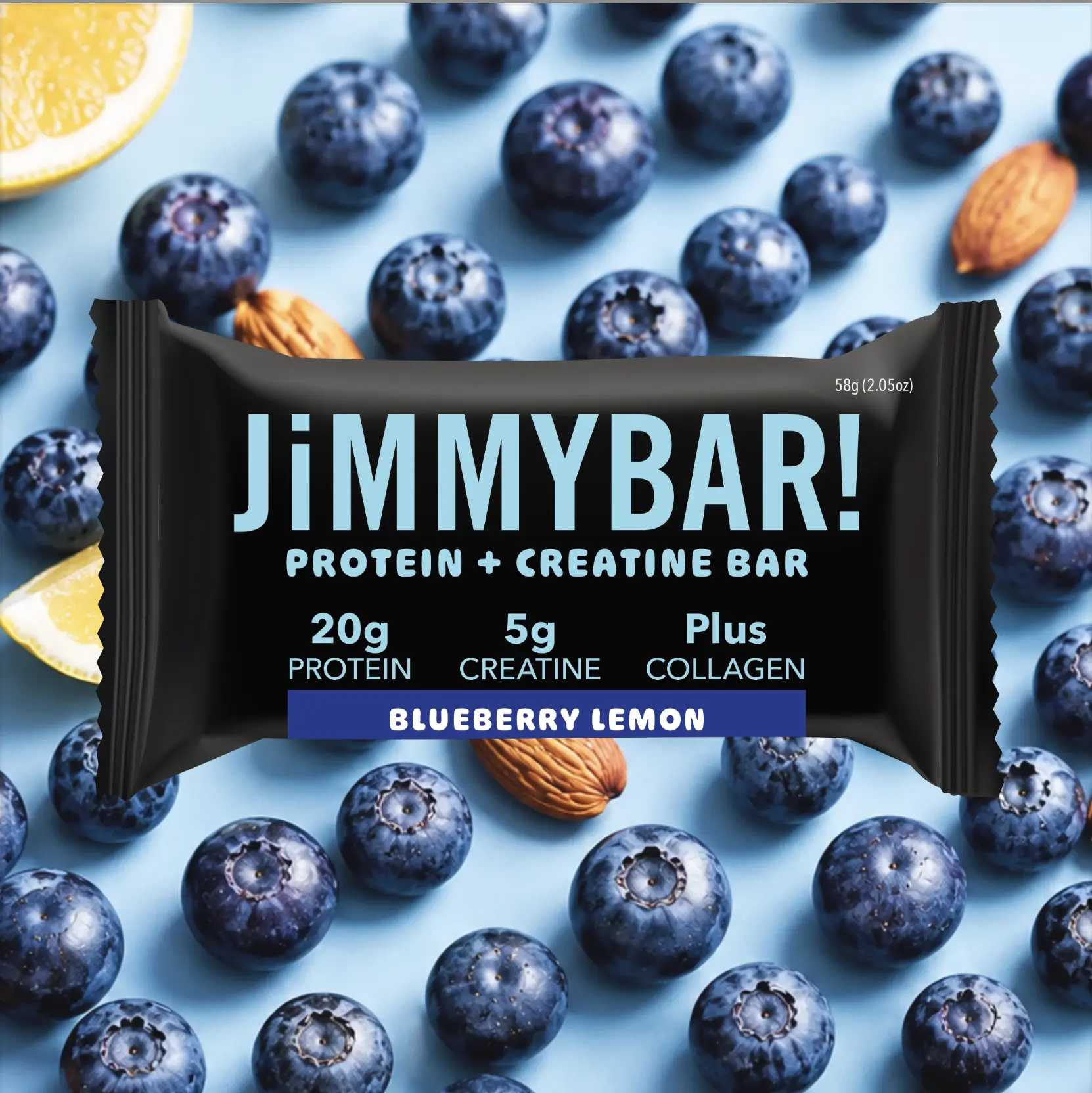 JiMMYBAR! Blueberry Lemon Creatine Collagen High Protein Bar - 20g Protein, 5g Creatine, Natural Real Ingredients, No Powders, Grab-and-Go Healthy On-the-Go Snack - Gluten-Free, Peanut-Free - Homemade Almond Butter Base - 12/24 Packs Box