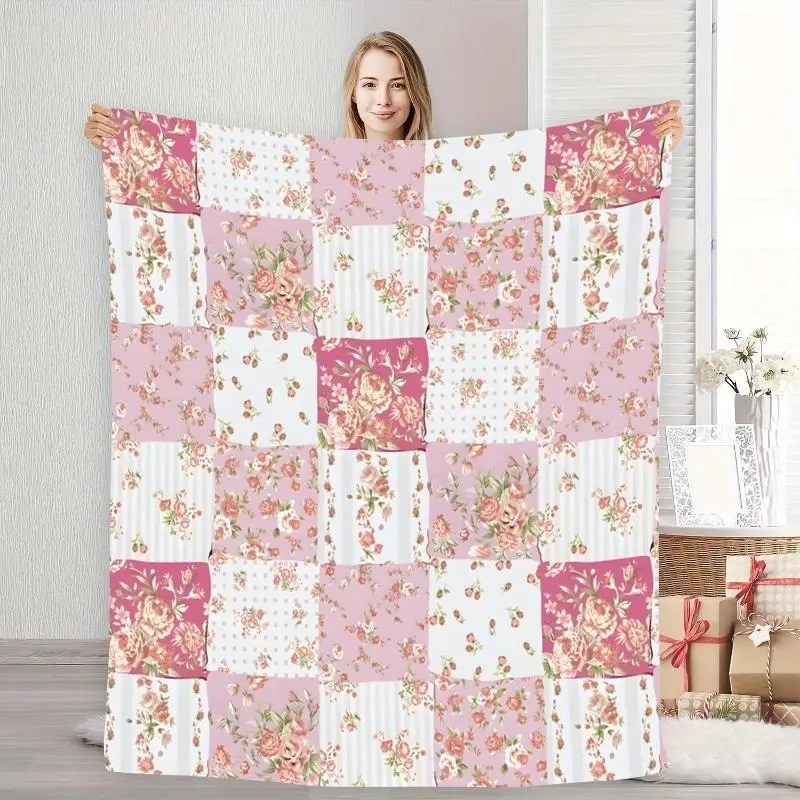 Vintage Patchwork Rose Pink Throw Blanket - "Grandma's Sewing Basket" Nostalgic Keepsake, Soft Linen Boho Flower Adorable Style Blanket for Cottagecore Enthusiasts, Boho Blankets