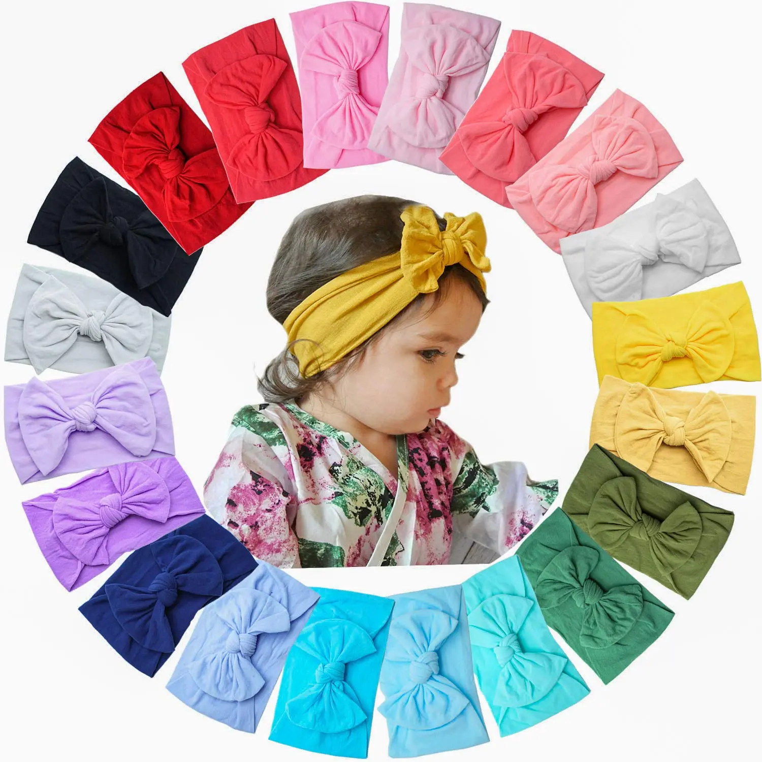 Baby Girl Nylon Headbands with Hair Bows - 20 Unique Styles, Super Stretchy, Soft, Breathable Knot Head Wraps for Newborns, Infants, Toddlers (Toddler Hairband, Infant Hair Accessories)