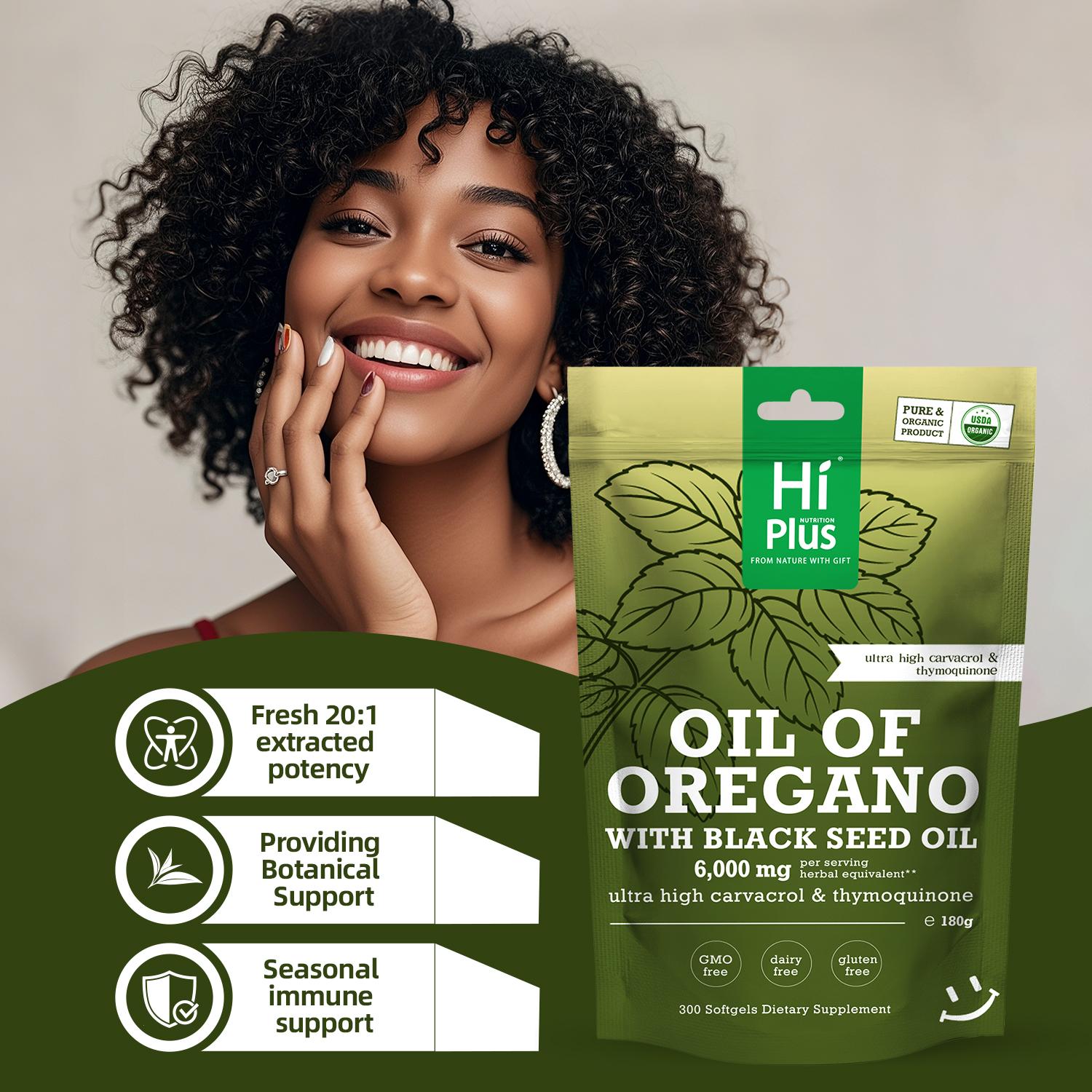 HiPlus Oil of Oregano with Black Seed Oil 300 Capsules | Natural Antioxidants for Fitness | Nutritional Support | Highly Effective Botanicals Edible Dietary Supplement