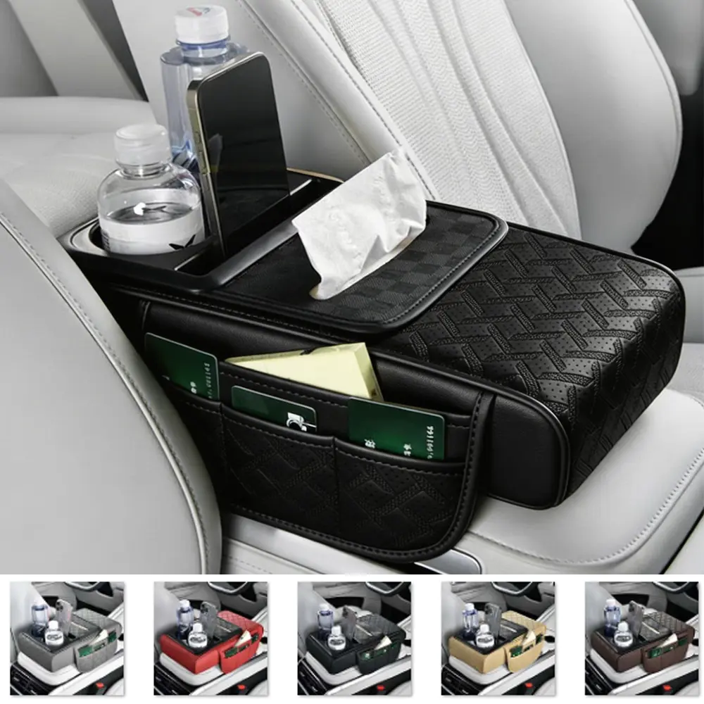 5 in 1 Center Console Cover,Multifunctional Diamond Car Armrest Storage Box with Cup Holder,Tissue Box Slot, Phone Slot,Universal Arm Rest Cover for Cars with 2 Side Pockets