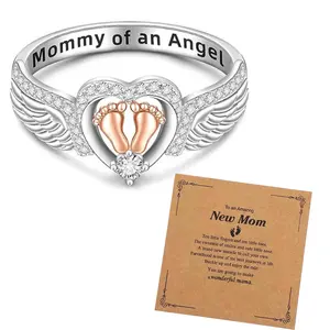 Angel Baby Footprint Ring Gift for Mom Mothers Day Jewelry with Card