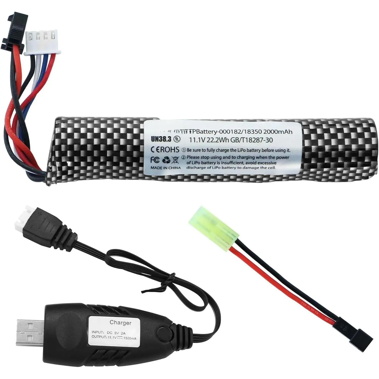 11.1V 2000mAh 30C Discharge Li-Po Rechargeable Battery Pack (18350 Size) with Charger - 1 Pack for Airsoft, Water Blaster, Mini Tamiya to SM2P/XH-4P Plug Cable, USB Charger (Tools & Hardware Accessory), Batteries With Charger, Gel Blasters