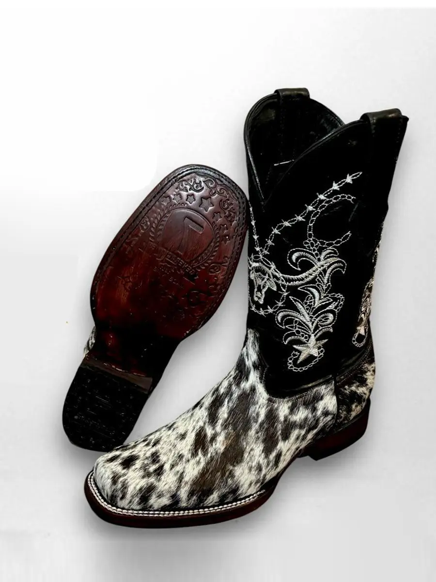 Men's Genuine Leather Mid-Calf Closed Boots - Handcrafted Wild West Cowboy Footwear, Cow Print Animal Print, All-Season, True To Size, Unique Decor, Party Wear Statement Shoes
