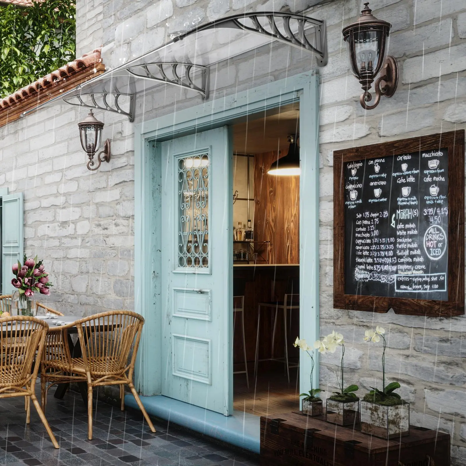 【Summervibes】Ubesgoo 80"W x 38"D Polycarbonate Cover Rain Awning Door Awning, UPS 50+ Polycarbonate Cover Front Door Outdoor Patio Awning Anti-UV Rain Snow Sun Protection Hollow Core Panel Window Awning