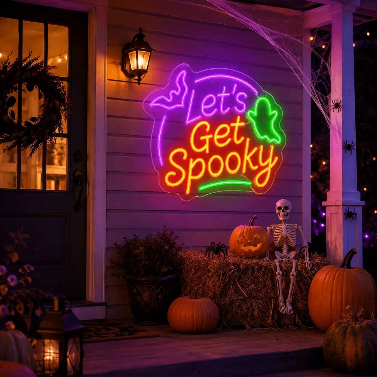 Halloween Neon Sign Lets Get Spooky LED Neon Light Halloween Decoration Wall Decor Light Up Sign for Home Bedroom Bar Party Room Window Door Hanging Decor USB Powered Neon Lamp Festive Holiday Atmosphere Lighting Ghost Pumpkin Bat Theme Decoration